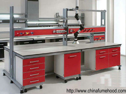 Buen precio Puestos de trabajo rojos del laboratorio de ciencia con el estante el reactivo y el gabinete de acero en línea
