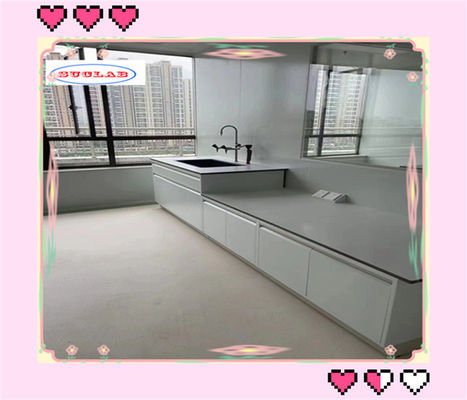 Buen precio Bancos de trabajo de laboratorio químico hechos a medida con gabinete de base de madera y fregadero de resina epoxi en línea