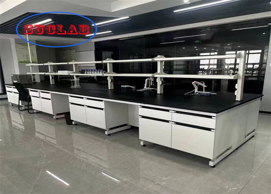Buen precio Tabla de trabajo de laboratorio de química de acero inoxidable PP de acero resistente al fuego Fabricante de mesa de trabajo de laboratorio con gabinetes múltiples en línea